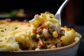 Macro shot of a spoon digging into a delectable Shepherd pie, revealing layers of tender meat