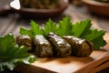 Macro Shot of Stuffed Grape Leaves on a Wooden Board