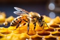 Macro shot of a stunning honeybee foraging on a honeycomb illuminated by warm, vibrant sunlight