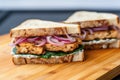 macro shot of a tempeh sandwich with sauteed onions