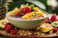 Close - up shot of a tropical paradise smoothie bowl with a thick, creamy texture and vivid fruit toppings