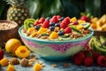 Close - up shot of a tropical paradise smoothie bowl with a thick, creamy texture and vivid fruit toppings Royalty Free Stock Photo