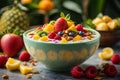 Close - up shot of a tropical paradise smoothie bowl with a thick, creamy texture and vivid fruit toppings