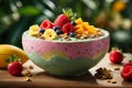 Close - up shot of a tropical paradise smoothie bowl with a thick, creamy texture and vivid fruit toppings Royalty Free Stock Photo