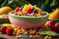 Close - up shot of a tropical paradise smoothie bowl with a thick, creamy texture and vivid fruit toppings