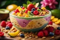 Close - up shot of a tropical paradise smoothie bowl with a thick, creamy texture and vivid fruit toppings Royalty Free Stock Photo