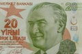 Macro shot of twenty turkish lira banknote