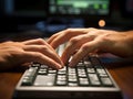 Macro shot of typing hands on wireless keyboard