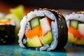 macro shot of a vegetarian sushi roll with carrots, cucumber, avocado, and pickled radish