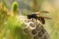 Macro shot of a wasp on a honeycomb. selective soft focus