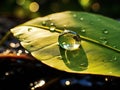 Macro Shot Of A Water Droplet Poised On The Edge Of A Leaf, Reflecting The Morning Light