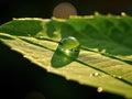 Macro Shot Of A Water Droplet Poised On The Edge Of A Leaf, Reflecting The Morning Light