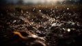 Macro Shot of Water Droplets Hitting Soil with Sparkling Backlit Effect Royalty Free Stock Photo