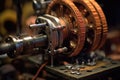 macro shot of welding wire spool and feeding mechanism