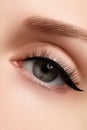 Macro shot of woman`s beautiful eye with extremely long eyelashes Royalty Free Stock Photo