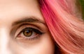 Macro shot of woman& x27;s eye with transparent makeup. Expressive look. sight.