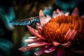macro shot of wondrous world, with dragonfly and flower in the foreground Royalty Free Stock Photo
