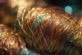 Macro shot of woven fabric with metallic threads and shiny accents