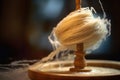 macro shot of yarn being twisted by a drop spindle