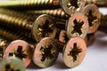 Macro shot of yellow zinc plated wood screws. Several nails lie on a white background Royalty Free Stock Photo