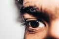 Macro shot of young man& x27;s eye: The human eye sideways, Close-up Royalty Free Stock Photo