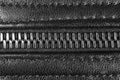 Macro shot of zipper on black leather texture background with stitching. Horizontal background from a close-up of black leather ma