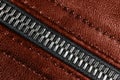 Macro shot of zipper on red leather texture background with stitching. Horizontal background from a close-up of red leather materi Royalty Free Stock Photo