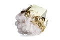 Macro stone mineral pyrite with calcite on a white background