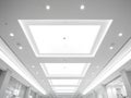 A Macro Suspended Grid false ceiling featuring a gypsum bulkhead design and column coves with indirect lighting