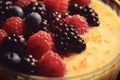 Macro texture of custard, decorated with raspberries, blackberries and blueberries Royalty Free Stock Photo