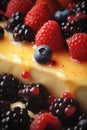 Macro texture of custard, decorated with raspberries, blackberries and blueberries Royalty Free Stock Photo