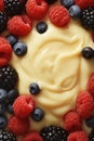 Macro texture of custard, decorated with raspberries, blackberries and blueberries. Top view Royalty Free Stock Photo
