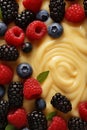 Macro texture of custard, decorated with raspberries, blackberries and blueberries. Top view Royalty Free Stock Photo
