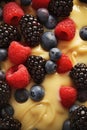 Macro texture of custard, decorated with raspberries, blackberries and blueberries. Top view Royalty Free Stock Photo