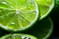 Macro texture of fresh ripe lime slices with water drops. AI generated