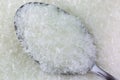 Macro texture of spoon full of MSG flakes, Monosodium glutamate, sodium salt used as flavor enhancer.