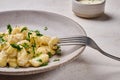 Macro traditional Mediterranean gnocchi, prepared with potato and flour dough with cream sauce and parsley, pricked on a