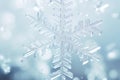 Macro of transparent snowflakes on light blue backdrop. Christmas New Years card banner template