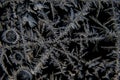Macro of various abstract shapes of ice crystals on a glass window with black background Royalty Free Stock Photo