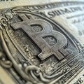 Macro view of Bitcoin symbol on a stylized dollar bill