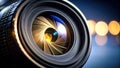 Macro view of a camera lens aperture with bokeh background and reflections Royalty Free Stock Photo