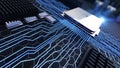 Macro view central processor unit on mainboard with shine lines Royalty Free Stock Photo