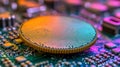 Macro view of a circular silicon wafer with microchip structures in neon green and purple tones, illustrating advanced semicond