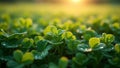 Macro view of clover patch with dew drops reflecting sunlight Royalty Free Stock Photo