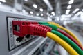 Macro view of colored copper jumpers connected in a network cross-connect setup Royalty Free Stock Photo