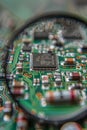 Macro view of computer microchips circuitry magnified by lens with space for text