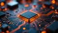 Macro view of computer motherboard circuit board with glowing orange lines and central processor chip. Electronic components and Royalty Free Stock Photo