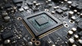 Macro view of a computer processor chip on a circuit board technology Royalty Free Stock Photo