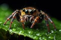 Macro view of cute spider sitting on green leaf with water drops Royalty Free Stock Photo