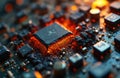 Macro view of damaged computer circuit board with burnt components, broken traces. Glowing orange heat emanates from central Royalty Free Stock Photo